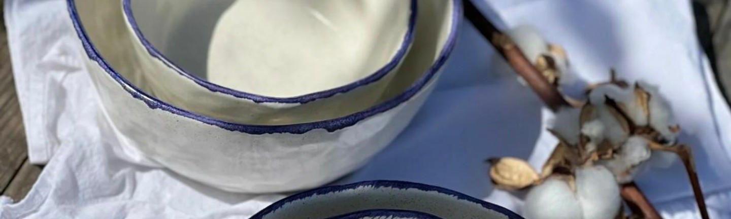 Handmade ceramic bowls with a blue rim — stylish and versatile tableware for serving dishes.